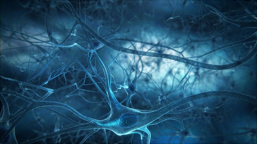 Glowing Blue Neuron Network with Intricate Dendrites and Axons in a Dark Scientific Setting HD wallpaper