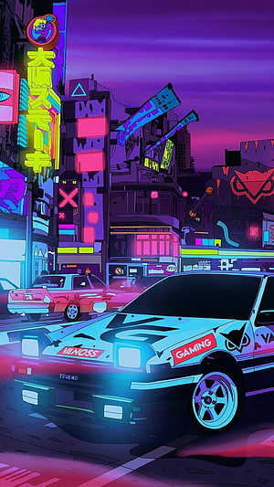 Neon-lit JDM drift car in a vibrant cyberpunk anime cityscape at dusk HD phone wallpaper