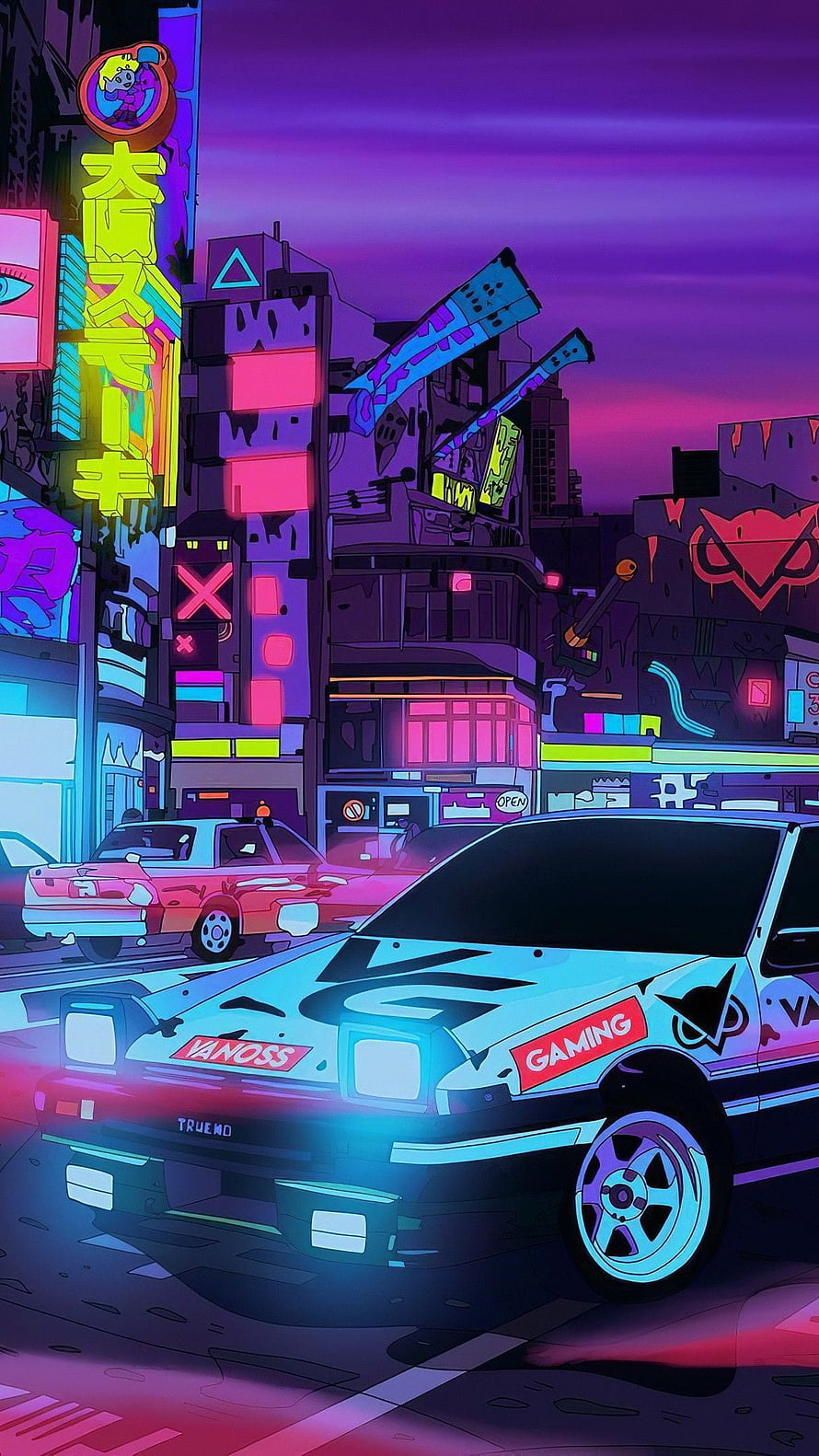 Neon-lit JDM drift car in a vibrant cyberpunk anime cityscape at dusk HD phone wallpaper