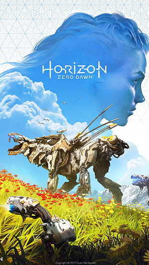 Horizon Zero Dawn Key Art Featuring Aloy and Mechanical Creatures in a Vibrant Wildflower Meadow HD phone wallpaper