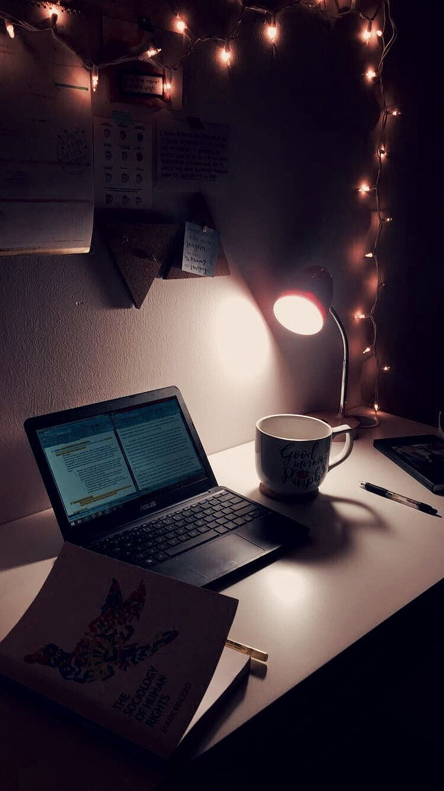 Cozy Late Night Study Desk with Laptop, Warm Lamp, and Fairy Lights HD phone wallpaper