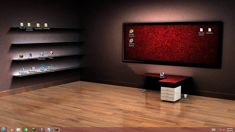 Modern Home Office Desktop Theme with Wall-Mounted Monitor and Floating Shelves HD wallpaper
