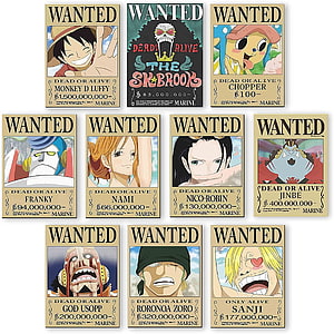 One Piece Straw Hat Pirates Wanted Posters Collection Featuring Luffy, Zoro, Nami, Usopp, Sanji, Chopper, Robin, Franky, Jinbe, and Brook HD phone wallpaper