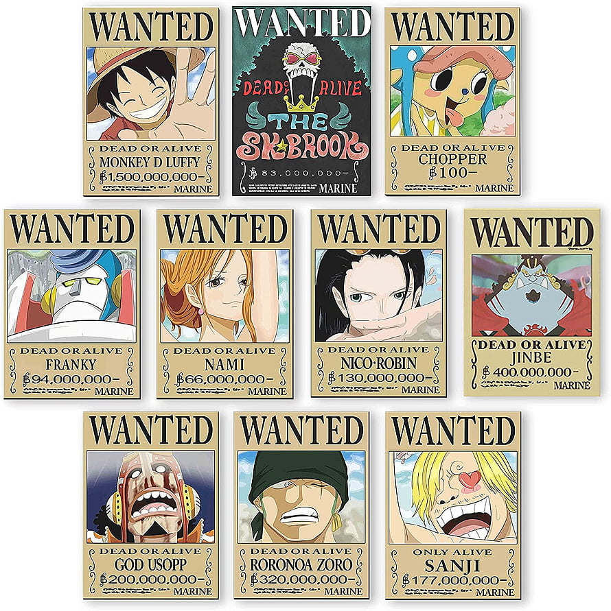 One Piece Straw Hat Pirates Wanted Posters Collection Featuring Luffy, Zoro, Nami, Usopp, Sanji, Chopper, Robin, Franky, Jinbe, and Brook HD phone wallpaper