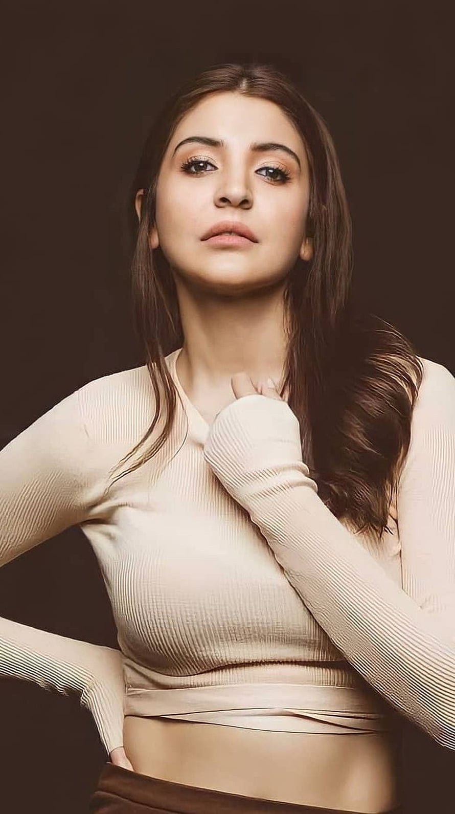 Anushka Sharma Studio Portrait in Beige Ribbed Top HD phone wallpaper