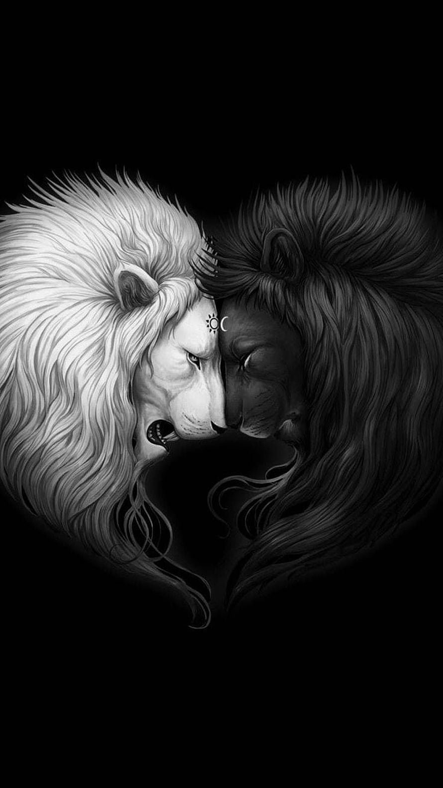 Harsh Mishra Black and White Lion Duality Artwork with Celestial Symbols HD phone wallpaper