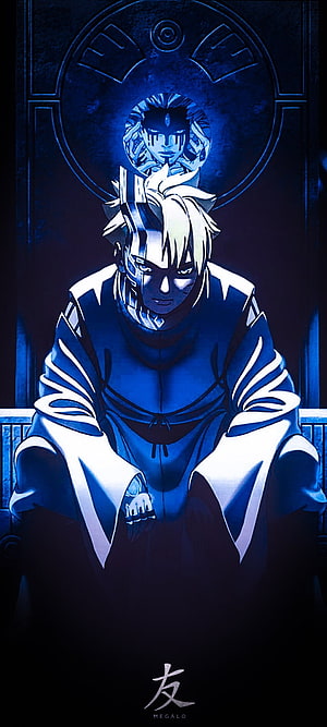 Boruto Anime Character in Blue Tones with Halo and Kanji Symbol HD phone wallpaper