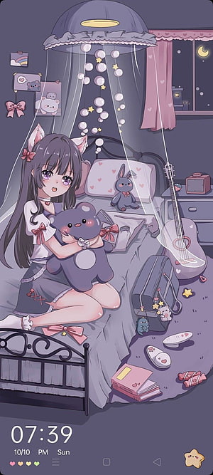 Cute Anime Girl with Cat Ears in Cozy Bedroom Holding Plushie HD phone wallpaper