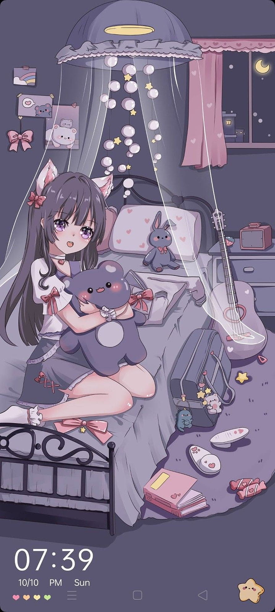 Cute Anime Girl with Cat Ears in Cozy Bedroom Holding Plushie HD phone wallpaper