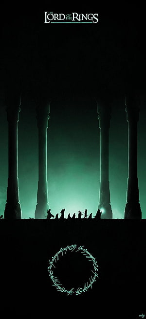 Lord of the Rings Fellowship Silhouettes in Dark Hall with Elvish Ring Inscription HD phone wallpaper