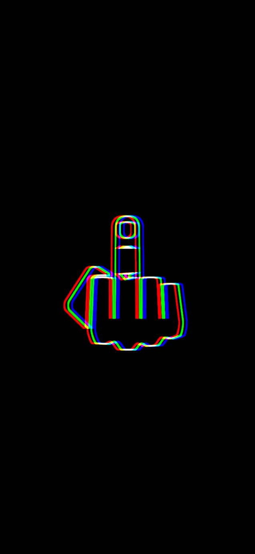 Neon RGB Glitch Outline of a Raised Middle Finger on a Black Background HD phone wallpaper