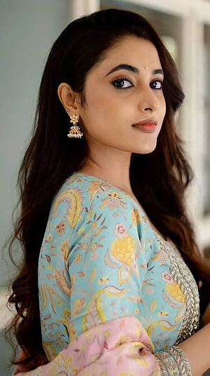 Priyanka Mohan in a Floral Blue Kurta with Traditional Jhumka Earrings HD phone wallpaper