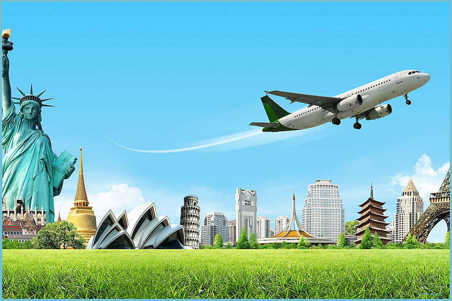 Global Travel Concept Featuring World Landmarks and Airplane HD wallpaper