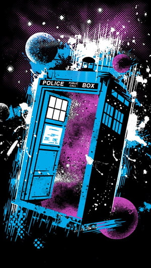 Doctor Who TARDIS in Cosmic Space with Purple Nebula and Glitch Art Style HD phone wallpaper