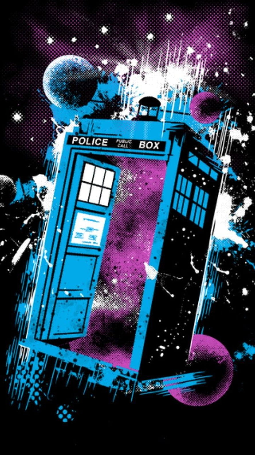 Doctor Who TARDIS in Cosmic Space with Purple Nebula and Glitch Art Style HD phone wallpaper
