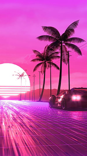 Vaporwave Sunset Scene with Retro Sports Car and Palm Trees on Neon Grid Road HD phone wallpaper