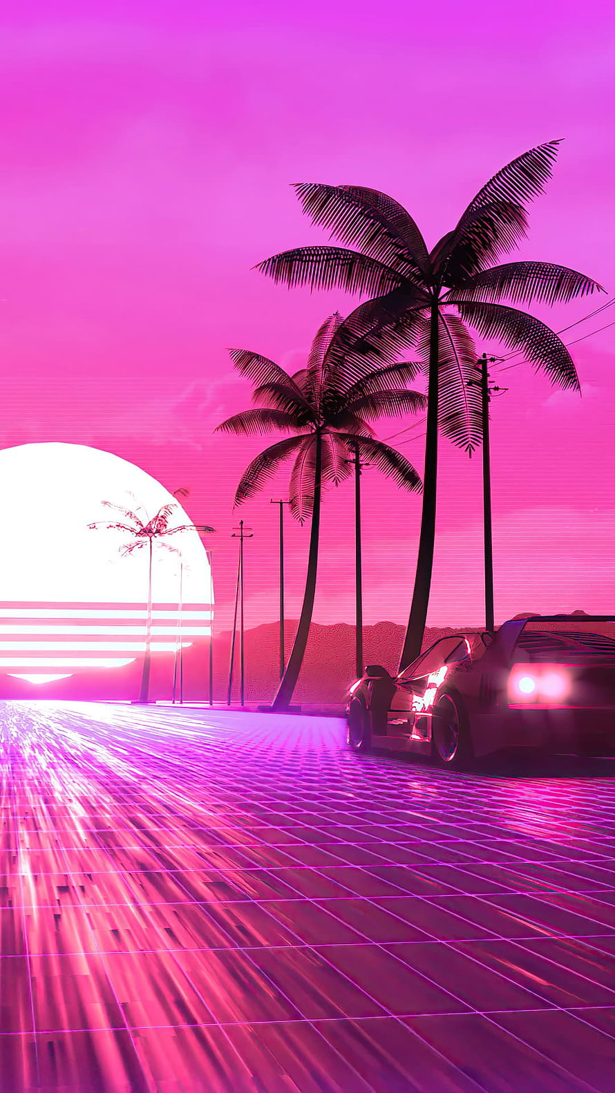 Vaporwave Sunset Scene with Retro Sports Car and Palm Trees on Neon Grid Road HD phone wallpaper