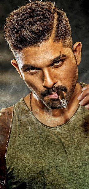 Allu Arjun Intense Portrait Smoking Cigar in Olive Tank Top HD phone wallpaper
