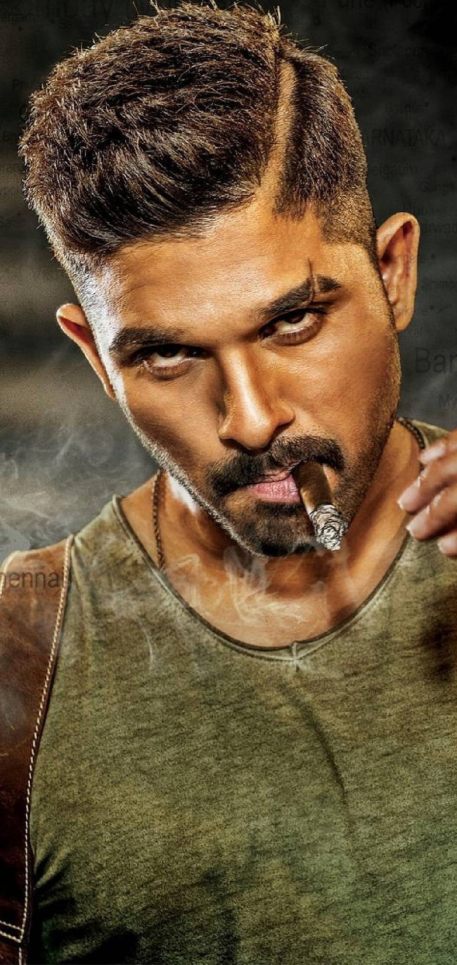 Allu Arjun Intense Portrait Smoking Cigar in Olive Tank Top HD phone wallpaper
