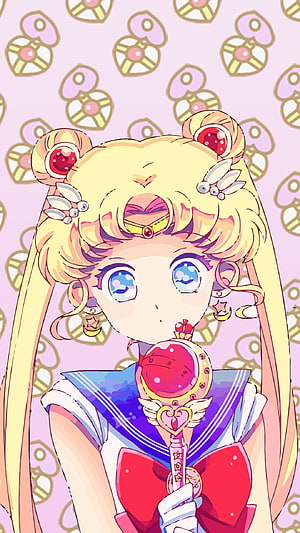 Sailor Moon Usagi Tsukino Holding Wand in Cute Anime Style with Pastel Background HD phone wallpaper