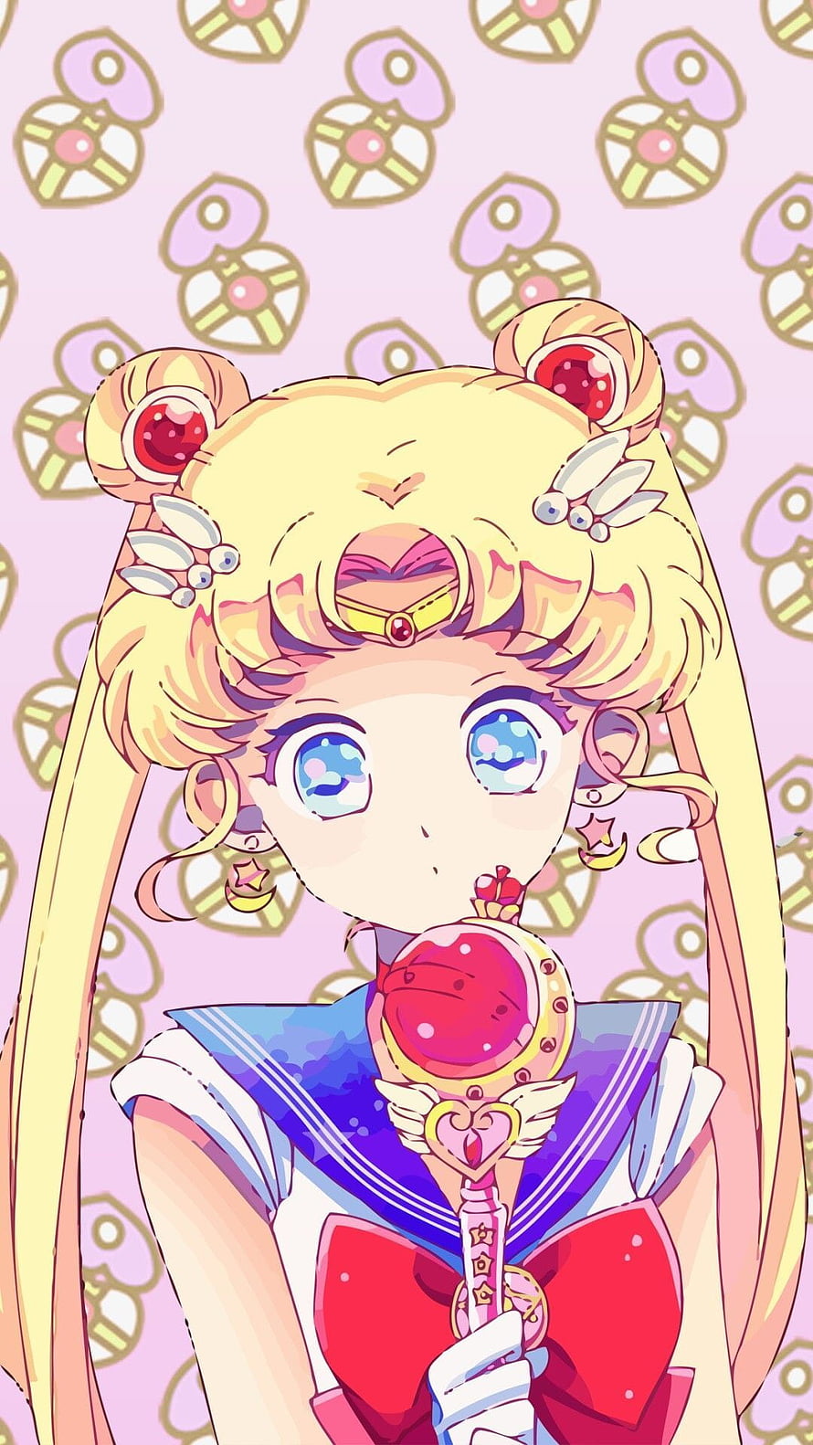 Sailor Moon Usagi Tsukino Holding Wand in Cute Anime Style with Pastel Background HD phone wallpaper