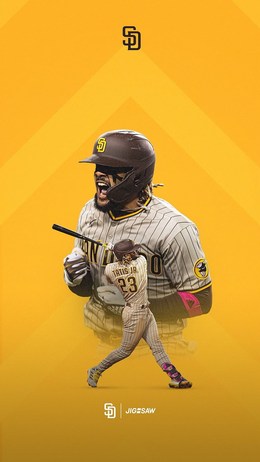 San Diego Padres baseball player in pinstripe uniform with bat and Jigsaw branding on yellow background HD phone wallpaper