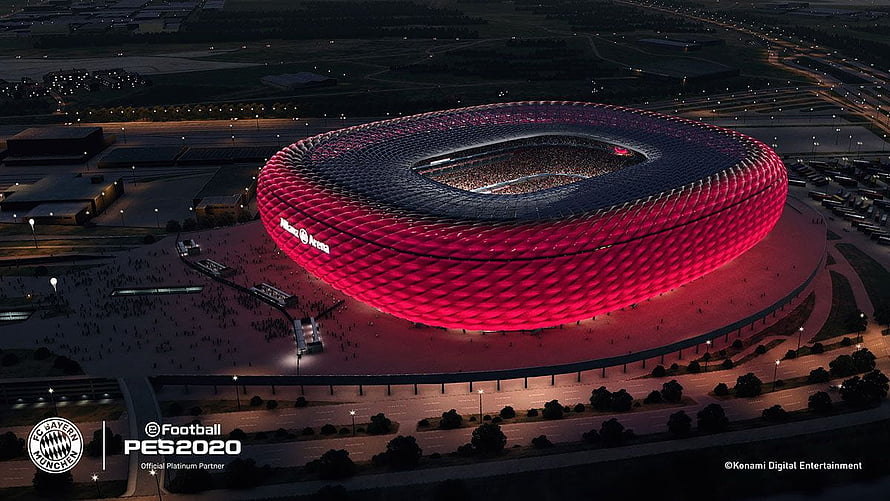 Allianz Arena Stadium at Night with Red Lighting for Pro Evolution Soccer 2020 HD wallpaper