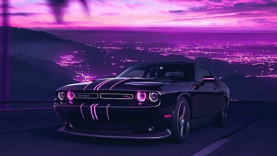 Black Dodge Challenger SRT with neon accents overlooking a purple cityscape at dusk HD wallpaper
