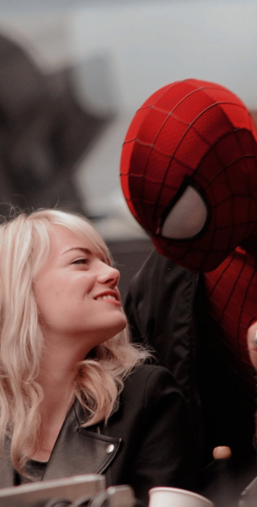 Emma Stone and Spider-Man in a candid moment at a public event HD phone wallpaper