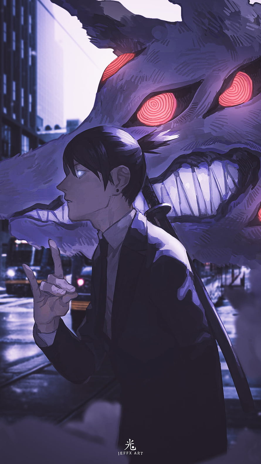 Aki Hayakawa with Fox Devil looming behind in dark city street from Chainsaw Man HD phone wallpaper