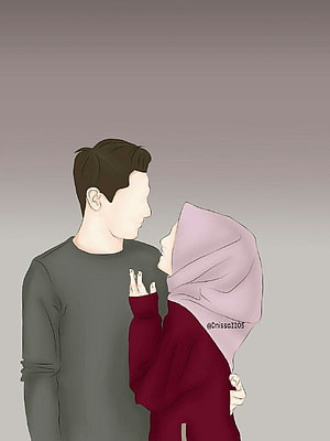 Tender Islamic Couple Illustration: Man and Hijabi Woman in Intimate Embrace, Romantic Cartoon ideas. anime muslim, islamic cartoon, cute muslim couples HD phone wallpaper