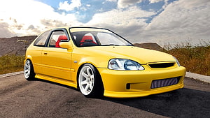 Yellow Honda Civic EK Hatchback with Stance Setup and White Alloy Wheels HD wallpaper