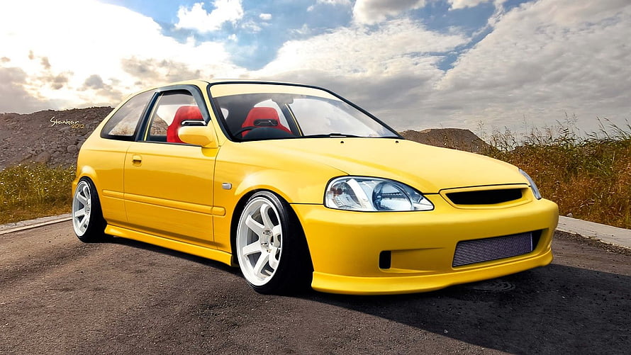 Yellow Honda Civic EK Hatchback with Stance Setup and White Alloy Wheels HD wallpaper