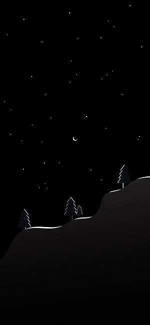 Minimalist Night Sky with Crescent Moon and Pine Trees on Snowy Hills HD phone wallpaper