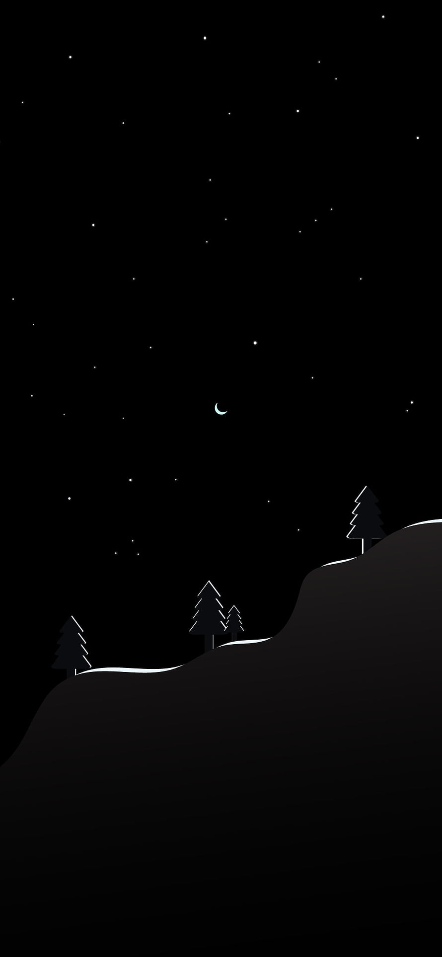 Minimalist Night Sky with Crescent Moon and Pine Trees on Snowy Hills HD phone wallpaper
