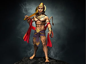 Lord Hanuman 3D Digital Art with Gada and Red Sash on Dark Rocky Background HD wallpaper