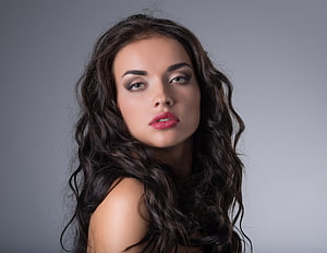 Studio Portrait of a Woman with Long Wavy Dark Hair and Bold Red Lipstick, Unknown Model, babe, lady, model, woman HD wallpaper