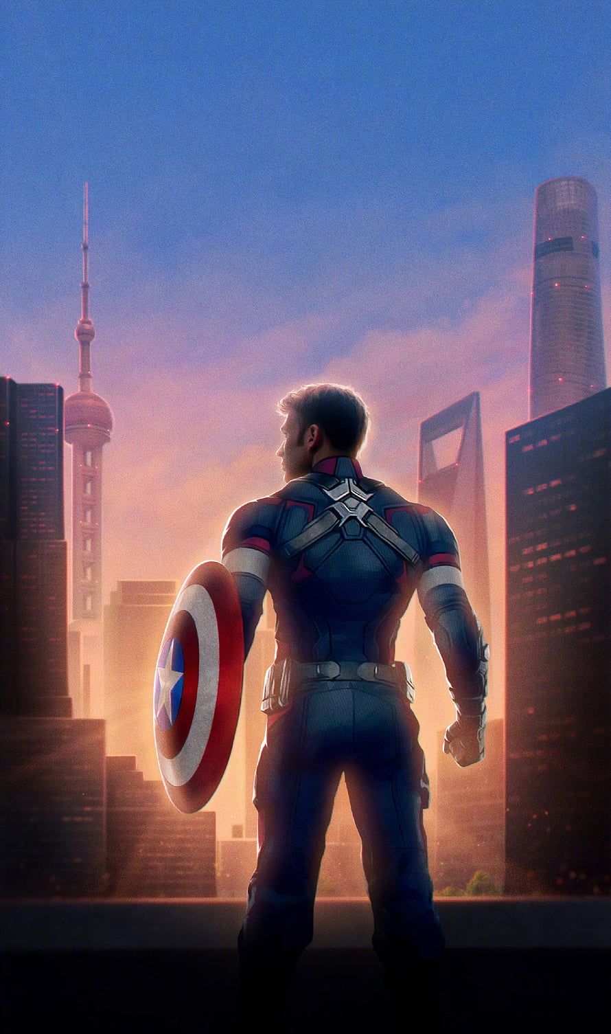 Captain America Standing on Rooftop Overlooking Shanghai Skyline at Sunset HD phone wallpaper