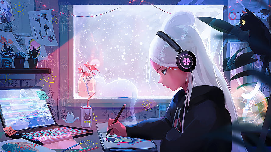 Lofi Girl Illustration: White-Haired Artist Drawing at Desk with Headphones and Snowy Window HD wallpaper