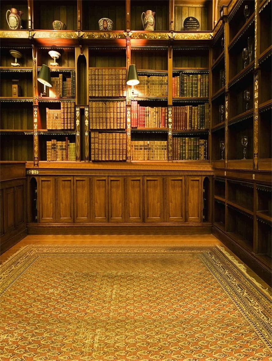 Vintage Library Interior With Antique Bookshelves And Patterned Rug HD phone wallpaper
