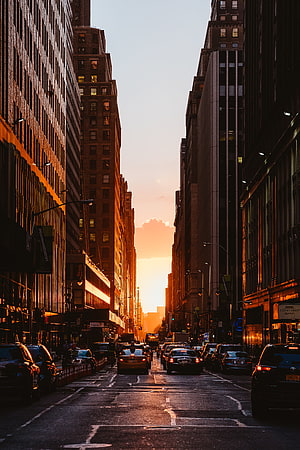 New York City Street View at Golden Hour with Traffic and Tall Buildings HD phone wallpaper