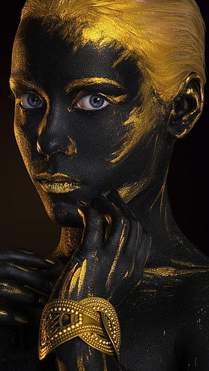 Black and Gold Body Paint Portrait with Intricate Facial Art and Ornate Cuff HD phone wallpaper