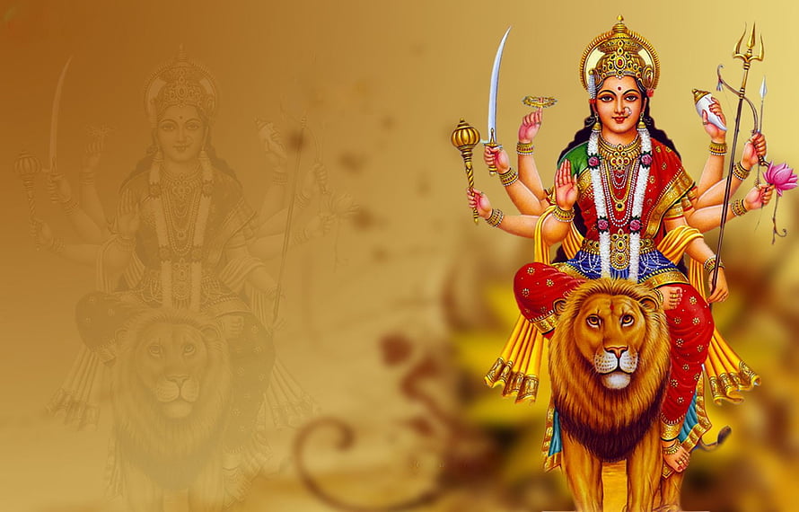 Maa Durga Riding Lion with Weapons and Lotus in Traditional Indian Art HD wallpaper