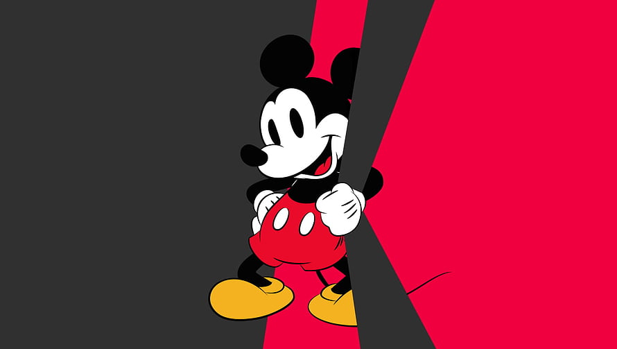 Mickey Mouse Peeking From Behind a Split Red and Black Background HD wallpaper