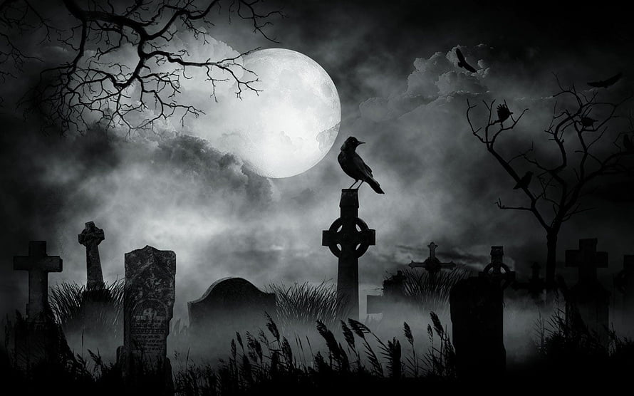 Spooky Cemetery Under Full Moon With Crows And Foggy Atmosphere HD wallpaper