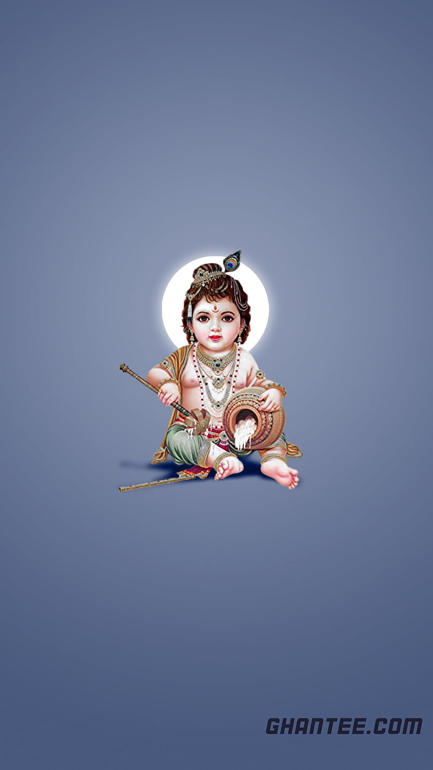 Bal Krishna Child Deity Illustration with Mace and Butter Pot on Blue Background HD phone wallpaper