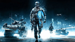 Modern Military Soldier Walking Through Urban Battlefield With Armored Vehicles HD wallpaper