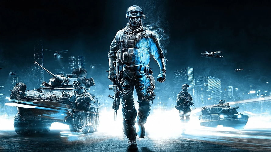 Modern Military Soldier Walking Through Urban Battlefield With Armored Vehicles HD wallpaper