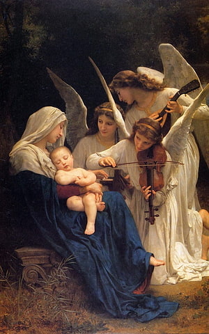 Madonna and Child with Angels Playing Violin and Lute in a Forest Setting HD phone wallpaper