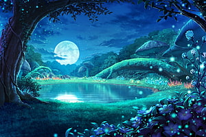 Enchanted Moonlit Forest Pond with Giant Mushrooms and Glowing Flowers HD wallpaper